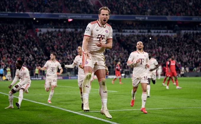 FOOTBALL CHAMPIONS LEAGUE SEASON 2024 2025 Round of 16 first leg FC Bayern Muenchen Bayer 04 Leverkusen 05 03 2025 FC Bayern Muenchen celebrating after scorer Harry Kanes 3-0 goal
