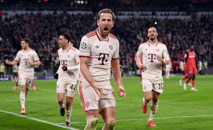 FOOTBALL CHAMPIONS LEAGUE SEASON 2024 2025 Round of 16 first leg FC Bayern Muenchen Bayer 04 Leverkusen 05 03 2025 FC Bayern Muenchen celebrating after scorer Harry Kanes 3-0 goal