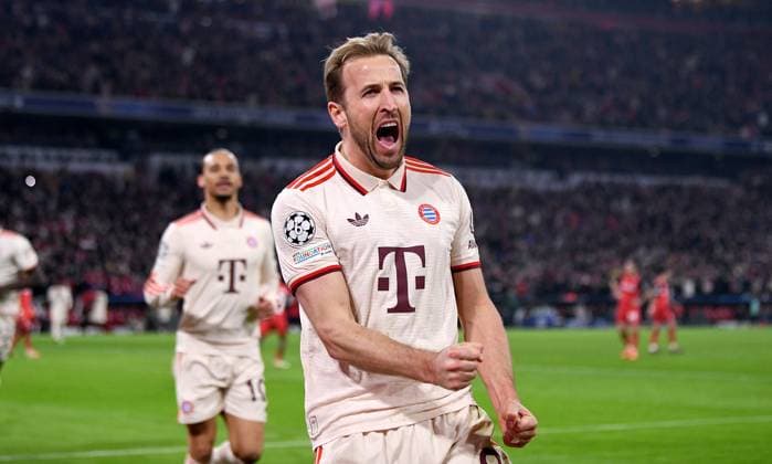 FOOTBALL CHAMPIONS LEAGUE SEASON 2024 2025 Round of 16 first leg FC Bayern Muenchen Bayer 04 Leverkusen 05 03 2025 FC Bayern Muenchen celebrating after scorer Harry Kanes 3-0 goal