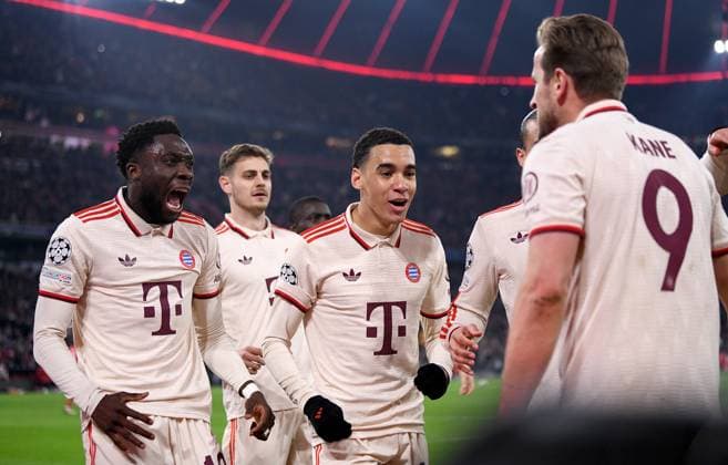 FOOTBALL CHAMPIONS LEAGUE SEASON 2024 2025 Round of 16 first leg FC Bayern Muenchen Bayer 04 Leverkusen 05 03 2025 FC Bayern Muenchen celebrating after the 3-0 goal with, from left, Alphonso Davies, Josip Stanisic, Jamal Musiala and goal scorers Harry Kane