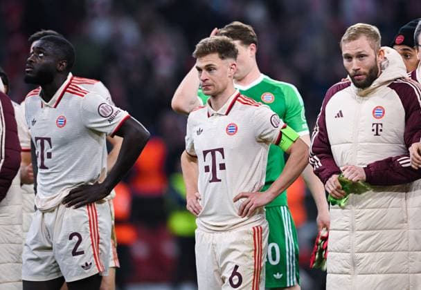 Joshua Kimmich FC Bayern Muenchen looks thoughtful after the UEFA Champions League 2024 25 Round of 16 First Leg match between FC Bayern München and Bayer 04 Leverkusen at Allianz Arena on March 5, 2025 in Munich, Germany Photo by Silas Schueller DeFodi Images