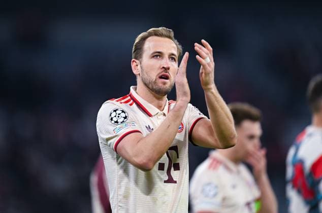 Harry Kane FC Bayern Muenchen gestures and celebrates the win after the UEFA Champions League 2024 25 Round of 16 First Leg match between FC Bayern München and Bayer 04 Leverkusen at Allianz Arena on March 5, 2025 in Munich, Germany Photo by Silas Schueller DeFodi Images