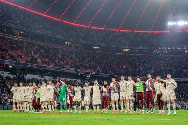 Bayern players celebrate Football Bayern Leverkusen Football Champions League, FC Bayern München Bayer 04 Leverkusen 3 0, round of 16, season 2024 2025, on 5 03 2025 in Munich, A L L I A N Z A R E N A, Germany Source Copyright Credit Oryk HAIST xFUSSBALL-BAYERN-LEVERKUSENx