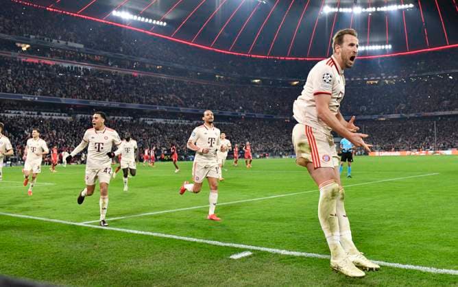 GOAL for 3 0 penalty, penalty kick Harry Kane FC Bayern Muenchen FCB 09 Goal celebration FC Bayern Muenchen FCB vs Bayer 04 Leverkusen B04 Round of 16 first leg 05 03 2025 DFL REGULATIONS PROHIBIT ANY USE OF PHOTOGRAPHS AS IMAGE SEQUENCES AND OR QUASI VIDEO FC Bayern Muenchen FCB vs Bayer 04 Leverkusen B04