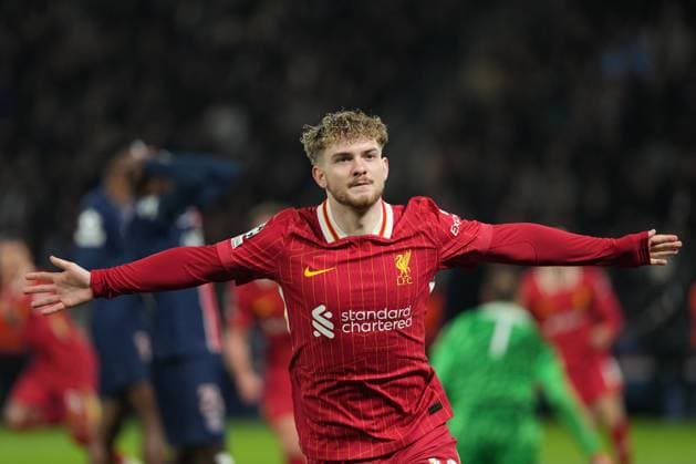 Late substitute Harvey Elliot of Liverpool celebrates after he scores the only goal of the game with his first touch Paris Saint-Germain v Liverpool, UEFA Champions League, Round of 16, First Leg, Football, Parc des Princes, Paris, France - 05 Mar 2025 EDITORIAL USE ONLY No use with unauthorised audio, video, data, fixture lists, club league logos or live services. Online in-match use limited to 120 images, no video emulation. No use in betting, games or single club league player publications. Copyright: xDavexWinter Shutterstockx 15178313jg