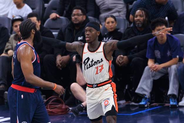 March 5, 2025, Inglewood, California, USA: Dennis Schroder 17 of the Detroit Pistons defends against James Harden 1 of the Los Angeles Clippers during their regular season NBA, Basketball Herren, USA game on Wednesday March 5, 2025 at Intuit Dome in Inglewood, California. ARIANA RUIZ PI Inglewood USA - ZUMAp124 20250305_zaa_p124_010 Copyright: xArianaxRuizx