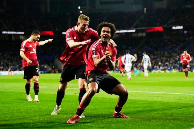 Real Sociedad de Futbol v Manchester United, ManU - UEFA Europa League 2024 25 Round of 16 First Leg Joshua Zirkzee centre-forward of Manchester United and Netherlands celebrates after scoring his sides first goal during the UEFA Europa League 2024 25 Round of 16 First Leg match between Real Sociedad de Futbol and Manchester United at Reale Arena on March 6, 2025 in San Sebastian, Spain. San Sebastian Basque Country Spain  Copyright: xJosexBretonx originalFilename:bretonhernandez-realsoci250306_np83s.jpg