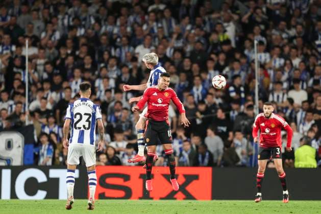 Real Sociedad v Manchester United, ManU FC Manchester United midfielder Casemiro (18) heads the ball during the Real Sociedad v Manchester United FC UEFA Europa League Round of 16 1st leg match at the Reale Arena, Donostia-San Sebastian, Spain on 6 March 2025 Credit: Phil Duncan Every Second Media Editorial use only. All images are copyright Every Second Media Limited. No images may be reproduced without prior permission. Copyright: xIMAGO EveryxSecondxMediax ESM-1354-0032 PhilxDuncanx xEveryxSecondxMediax