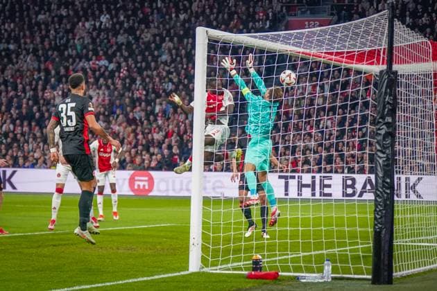 Football UEFA Europa League 2024 2025, round of 16 Ajax Amsterdam vs Eintracht Frankfurt Johan Cruijff ArenA Amsterdam, Netherlands Header goal for 1 0 in the 10 minute by Brian Brobbey Ajax Amsterdam, 9 , Kevin Trapp Eintracht Frankfurt, 1 cant save it Copyright: xJOERANxSTEINSIEKx