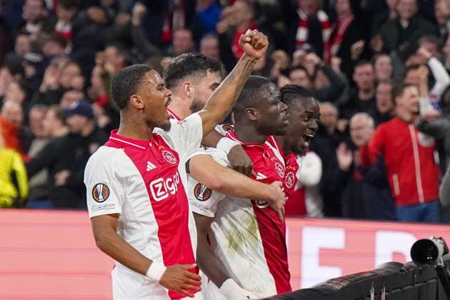 Football UEFA Europa League 2024 2025, round of 16 Ajax Amsterdam vs Eintracht Frankfurt Johan Cruijff ArenA Amsterdam, Netherlands Goal and goal celebration for 1-0 in the 10th minute by Brian Brobbey Ajax Amsterdam, 9 Joy, jubilation, emotions Copyright: xJOERANxSTEINSIEKx
