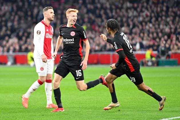 Amsterdam, Johan Cruijff Arena, 06 03 25, NLD, Men, UEFA Europa League, Season 2024 2025, Ajax Amsterdam Eintracht Frankfurt Picture Hugo LARSSON Frankfurt cheers after his goal for 1 1 UEFA regulations prohibit any use of photographs as image sequences and or quasi video North Holland Netherlands