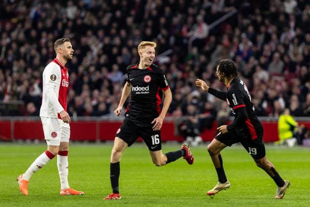 UEFA Europa League Ajax Amsterdam Eintracht Frankfurt 06 03 2025 Eintracht Frankfurt celebrate the goal, 1 1 by Hugo Larsson Eintracht Frankfurt, 16 UEFA Europa League Ajax Amsterdam Eintracht Frankfurt Johan Cruijff Arena, Amsterdam 06 03 2025 Copyright: xBEAUTIFULxSPORTS Buriakovx