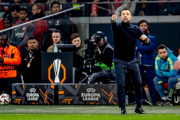 AFC Ajax Amsterdam trainer Francesco Farioli during the match Ajax Eintracht at the Johan Cruijff ArenA for the UEFA Europa League Round of 16 1st leg season 2024 2025 in AMSTERDAM, Netherlands on 6 march 2025, photo by Marcel van Dorst EYE4images DeFodi Images