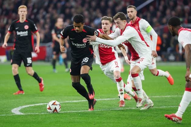 UEFA Europa League Ajax Amsterdam Eintracht Frankfurt on 06 03 2025 at the Johan Cruijff ArenA in Amsterdam Ansgar Knauff Frankfurt 36 vs Youri Baas Ajax 15 MH