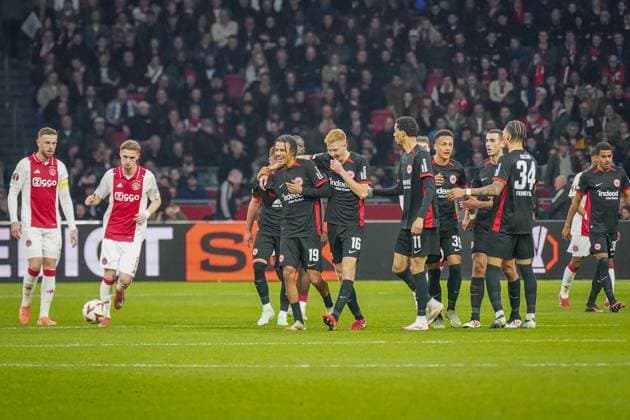 Football UEFA Europa League 2024 2025, round of 16 Ajax Amsterdam vs Eintracht Frankfurt Johan Cruijff ArenA Amsterdam, Netherlands Goal and goal celebration after Hugo Larsson equalizes Eintracht Frankfurt, 16 Copyright: xJOERANxSTEINSIEKx