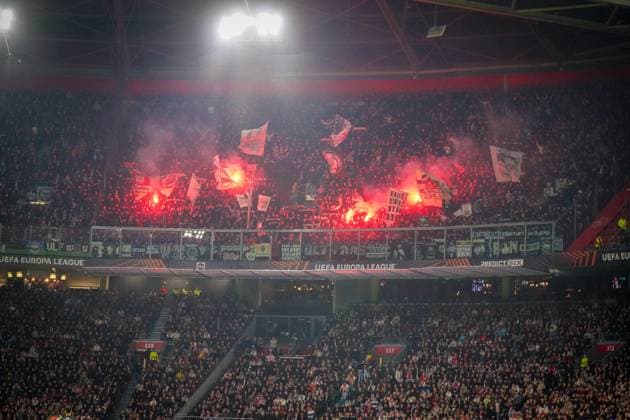 Football UEFA Europa League 2024 2025, round of 16 Ajax Amsterdam vs Eintracht Frankfurt Johan Cruijff ArenA Amsterdam, Netherlands Bengal flares in the Frankfurt guest block Copyright: xJOERANxSTEINSIEKx