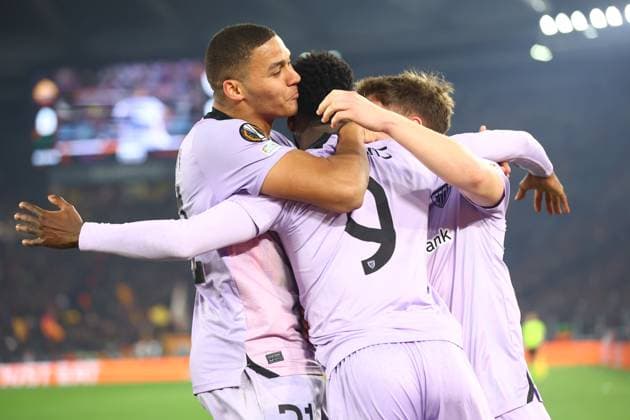 March 6, 2025, Rome, Lazio, Italy: Athletic s IoÂ±aki Williams celebrates after scoring their first gol during the UEFA Europa League 2024 25 League Round of 16 first leg match between AS Roma and FC Athletic Club Bilbao at Stadio Olimpico on March 5, 2024 in Rome, Italy Rome Italy - ZUMAl131 20250306_zsp_l131_029 Copyright: xCiroxDexLucax