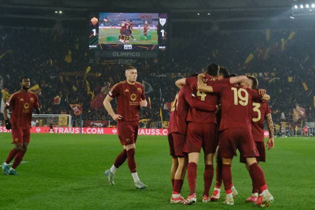 UEFA Europa League Round of 16 First leg AS Roma and Athletic Club Roma™s Spanish defender Angelino celebrates after scoring a goal during UEFA Europa League Round of 16 First leg match between AS Roma and Athletic Club at Olimpico stadium on March 06, 2025 in Rome, Italy. ABP09489 Copyright: xAntonioxBalascox