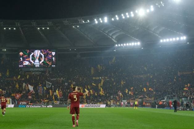 UEFA Europa League Round of 16 First leg AS Roma and Athletic Club Roma™s Spanish defender Angelino celebrates after scoring a goal during UEFA Europa League Round of 16 First leg match between AS Roma and Athletic Club at Olimpico stadium on March 06, 2025 in Rome, Italy. ABP09530 Copyright: xAntonioxBalascox