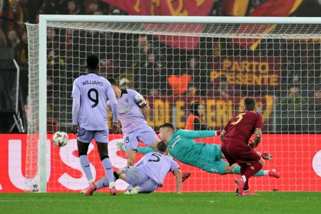 Foto IPP Roberto Ramaccia Roma 6 3 2025 Uefa Europa League Ottavi di Finale 2024 2025 Roma vs Atletico Bilbao Nella foto Angelino Segna il gol del 1-1 Italy Photo Press - World Copyright Roma italy Italia ITALY  Copyright: xR4924_italyphotopressx