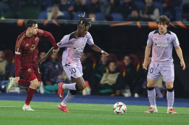 CALCIO - UEFA Europa League - AS Roma vs Athletic Bilbao Rome, Italy 6.03.2025: Niccolo Pisilli of Roma, Nico Williams of Bilbao seen in action during the Uefa Europa League 2024-2025, Round of 16, football match between AS Roma vs Athletic Club Bilbao at Olympic Stadium in Rome. Rome Italy  Copyright: xIPAxSport ABACAx