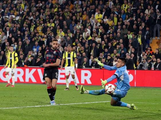 Cyriel Dessers of Rangers scores but the goal is disallowed by VAR for offside during the Europa League last 16 match at the Sükrü Saracoglu Stadium, Istanbul. Fenerbahce v Rangers, UEFA Europa League, Football, Sukru Saracoglu Stadium, Istanbul, Turkey - 06 Mar 2025 EDITORIAL USE ONLY No use with unauthorised audio, video, data, fixture lists, club league logos or live services. Online in-match use limited to 120 images, no video emulation. No use in betting, games or single club league player publications. Copyright: xO Rourke RangersxFC Shutterstockx 15182250ht
