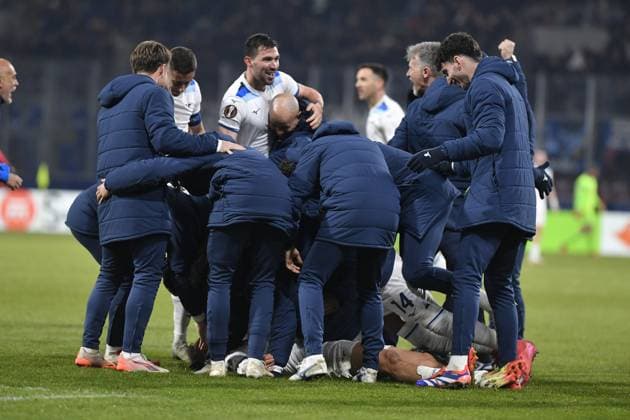 Lazio players celebrate second goal during the UEFA Europa League, semi-finals opening match: FC Viktoria Plzen vs Lazio, in Pilsen, Czech Republic, on March 6, 2025. (CTKxPhoto MiroslavxChaloupka) CTKPhotoP2025030610342  CTKPhotoP2025030610342