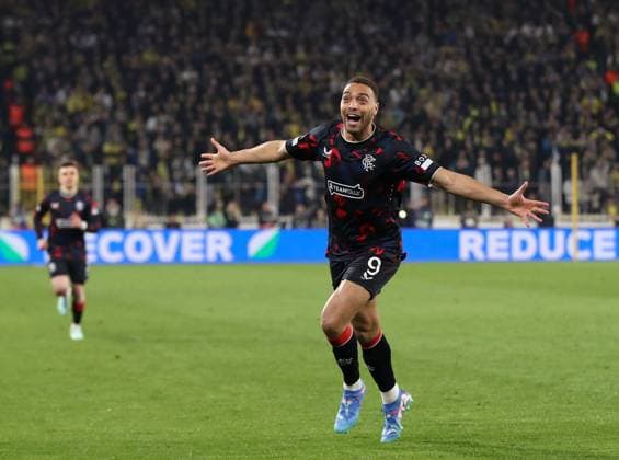 Cyriel Dessers of Rangers celebrates scoring his sides first goal during the Europa League last 16 match at the Sükrü Saracoglu Stadium, Istanbul. Fenerbahce v Rangers, UEFA Europa League, Football, Sukru Saracoglu Stadium, Istanbul, Turkey - 06 Mar 2025 EDITORIAL USE ONLY No use with unauthorised audio, video, data, fixture lists, club league logos or live services. Online in-match use limited to 120 images, no video emulation. No use in betting, games or single club league player publications. Copyright: xO Rourke RangersxFC Shutterstockx 15182250hf
