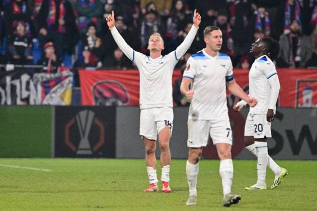 Gustav Isaksen (Lazio; left) celebrates his goal during the UEFA Europa League, semi-finals opening match: FC Viktoria Plzen vs Lazio, in Pilsen, Czech Republic, on March 6, 2025. (CTKxPhoto MichalxKamaryt) CTKPhotoP2025030610414  CTKPhotoP2025030610414