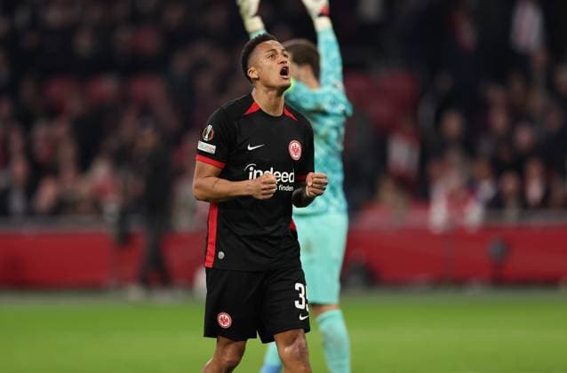 06 03 2025, Football UEFA Europa League, AFC Ajax Amsterdam Eintracht Frankfurt, emonline, emspor, v l , Tuta Lucas Silva Melo Eintracht Frankfurt jubilantly cheering for the away win DFL DFB REGULATIONS PROHIBIT ANY USE OF PHOTOGRAPHS AS IMAGE SEQUENCES AND OR QUASI VIDEO xdcx Copyright: HMBxMedia Claus