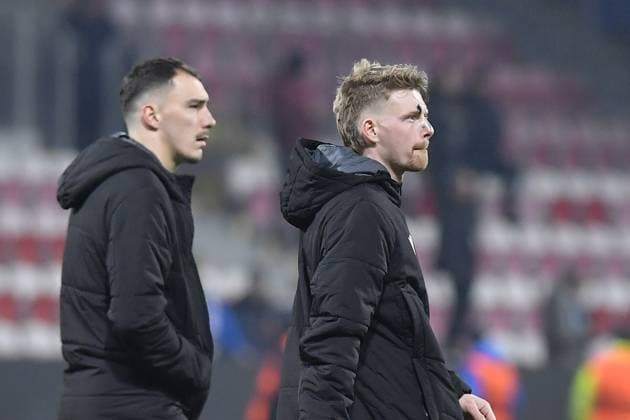 Injured Pavel Sulc (Plzen; right) is seen during the UEFA Europa League, semi-finals opening match: FC Viktoria Plzen vs Lazio, in Pilsen, Czech Republic, on March 6, 2025. (CTKxPhoto MiroslavxChaloupka) CTKPhotoP2025030610455  CTKPhotoP2025030610455