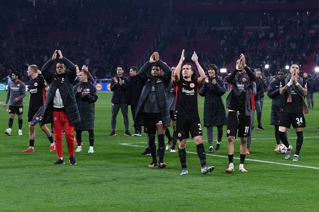 Soccer UEFA Europa League round of 16 Ajax Amsterdam Eintracht Frankfurt on 06 03 2025 at the Johan Cruijff ArenA in Amsterdam Frankfurt players thank the fans after the end of the match xRx