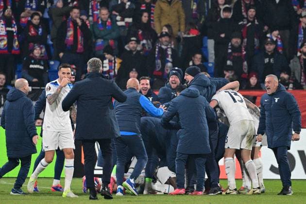 Lazio players celebrate victory of the UEFA Europa League, semi-finals opening match: FC Viktoria Plzen vs Lazio, in Pilsen, Czech Republic, on March 6, 2025. (CTKxPhoto MichalxKamaryt) CTKPhotoP2025030610477  CTKPhotoP2025030610477