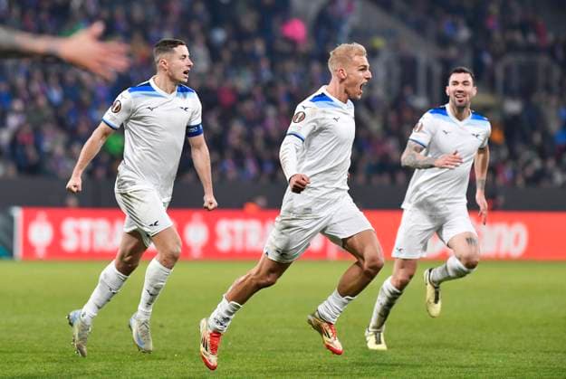 Gustav Isaksen (Lazio; middle) celebrates his goal during the UEFA Europa League, semi-finals opening match: FC Viktoria Plzen vs Lazio, in Pilsen, Czech Republic, on March 6, 2025. (CTKxPhoto MiroslavxChaloupka) CTKPhotoP2025030610551  CTKPhotoP2025030610551