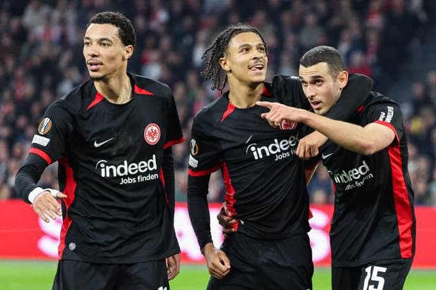 UEFA Europa League Ajax Amsterdam Eintracht Frankfurt on 06 03 2025 at the Johan Cruijff ArenA in Amsterdam Cheering, goal celebration, goal scorer, goal scorer Ellyes Skhiri Frankfurt 15 celebrates after his goal to make it 1 - 2 with Jean Matteo Bahoya Frankfurt 19 and Hugo Ekitike Frankfurt 11 MH