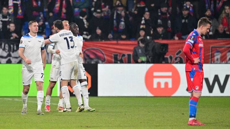 Gustav Isaksen (Lazio; 3rd from left) celebrates his goal with teammates during the UEFA Europa League, semi-finals opening match: FC Viktoria Plzen vs Lazio, in Pilsen, Czech Republic, on March 6, 2025. (CTKxPhoto MichalxKamaryt) CTKPhotoP2025030610538  CTKPhotoP2025030610538
