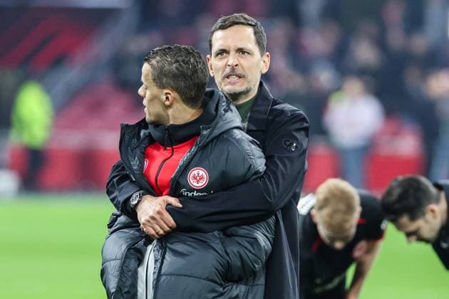 UEFA Europa League Ajax Amsterdam Eintracht Frankfurt on 06 03 2025 at the Johan Cruijff ArenA in Amsterdam Coach Dino Toppmöller Toppmoeller Toppmoller Frankfurt and Timothy Chandler Frankfurt 22 celebrate the victory and are happy MH