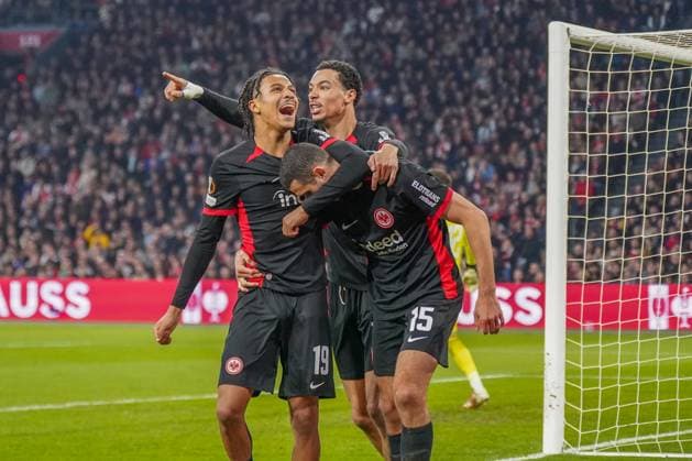 Football UEFA Europa League 2024 2025, round of 16 Ajax Amsterdam vs Eintracht Frankfurt Johan Cruijff ArenA Amsterdam, Netherlands Goal and goal celebration for a 1-2 lead by Ellyes Skhiri Eintracht Frankfurt, 15 , Cheers and joy with Jean Matteo Bahoya Eintracht Frankfurt, 19 and Tuta Eintracht Frankfurt, 35 Copyright: xJOERANxSTEINSIEKx