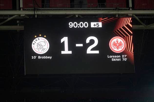Amsterdam The Netherlands 6th March 2025 Football - UEFA Europa League knockout stage match AFC Ajax Amsterdam vs Eintracht Frankfurt in the Amsterdam Johan Cruijff Arena. Score board Ajax 1-2 Frankfurt game, match, wedstrijd, soccer