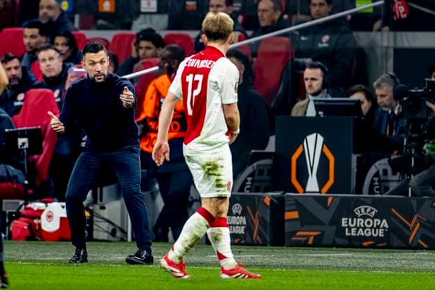 AFC Ajax Amsterdam trainer Francesco Farioli during the match Ajax Eintracht at the Johan Cruijff ArenA for the UEFA Europa League Round of 16 1st leg season 2024 2025 in AMSTERDAM, Netherlands on 6 march 2025, photo by Marcel van Dorst EYE4images DeFodi Images