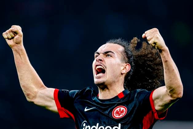 Eintracht Frankfurt defender Arthur Theate celebrating the victory after the game during the match Ajax Eintracht at the Johan Cruijff ArenA for the UEFA Europa League Round of 16 1st leg season 2024 2025 in AMSTERDAM, Netherlands on 6 march 2025, photo by Marcel van Dorst EYE4images DeFodi Images