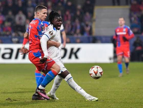 L-R Svetozar Markovic (Plzen) and Loum Tchaouna (Lazio) in action during the UEFA Europa League, semi-finals opening match: FC Viktoria Plzen vs Lazio, in Pilsen, Czech Republic, on March 6, 2025. (CTKxPhoto MiroslavxChaloupka) CTKPhotoP2025030610668  CTKPhotoP2025030610668