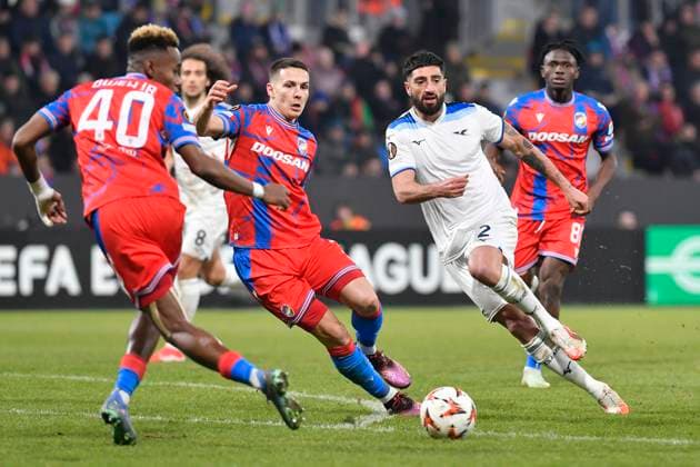 L-R Sampson Dweh (Plzen), Svetozar Markovic (Plzen), Samuel Gigot (Lazio) and Prince Adu (Plzen) in action during the UEFA Europa League, semi-finals opening match: FC Viktoria Plzen vs Lazio, in Pilsen, Czech Republic, on March 6, 2025. (CTKxPhoto MiroslavxChaloupka) CTKPhotoP2025030610696  CTKPhotoP2025030610696
