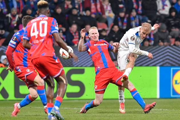 Vaclav Jemelka (Plzen; 2nd from right) and scoring Gustav Isaksen (Lazio; right) in action during the UEFA Europa League, semi-finals opening match: FC Viktoria Plzen vs Lazio, in Pilsen, Czech Republic, on March 6, 2025. (CTKxPhoto MiroslavxChaloupka) CTKPhotoP2025030610712  CTKPhotoP2025030610712