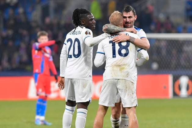 Gustav Isaksen (Lazio; middle) celebrates his goal with team mates during the UEFA Europa League, semi-finals opening match: FC Viktoria Plzen vs Lazio, in Pilsen, Czech Republic, on March 6, 2025. (CTKxPhoto MiroslavxChaloupka) CTKPhotoP2025030610721  CTKPhotoP2025030610721