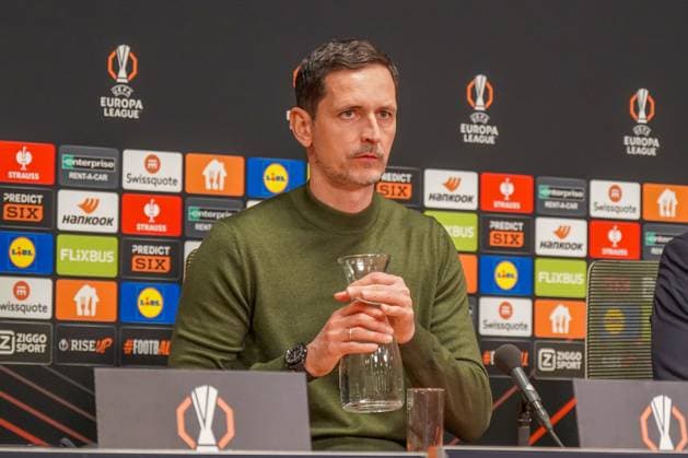 Football UEFA Europa League 2024 2025, Round of 16 Ajax Amsterdam vs Eintracht Frankfurt Johan Cruijff ArenA Amsterdam, Netherlands Dino Toppmöller Dino Toppmoeller Coach, Eintracht Frankfurt Press conference Copyright: xJOERANxSTEINSIEKx