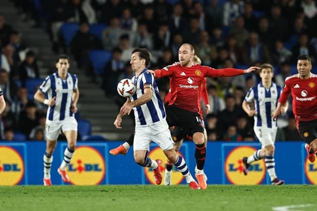 (L-R) Mikel Oyarzabal (Sociedad), Christian Eriksen (ManU), MARCH 6, 2025 - Football Soccer : UEFA Europa League Round of 16 1st leg match between Real Sociedad 1-1 Manchester United, ManU FC at the Reale Arena in San Sebastian, Spain. Noxthirdxpartyxsales  (283957787)