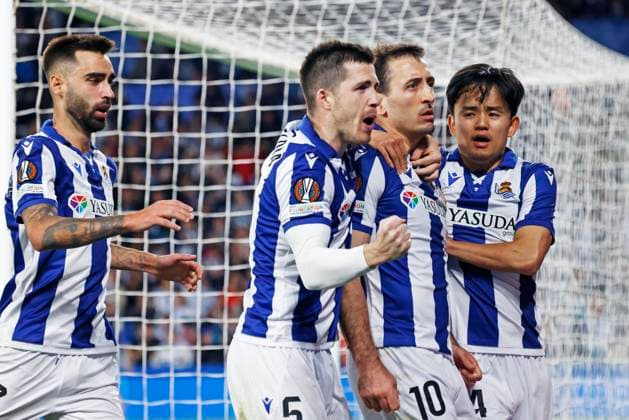 Igor Zubeldia, Mikel Oyarzabal, Takefusa Kubo (Sociedad), MARCH 6, 2025 - Football Soccer : UEFA Europa League round of 16 1st leg match between Real Sociedad 1-1 Manchester United, ManU at Reale Arena in San Sebastian, Spain. Noxthirdxpartyxsales  (283953703)