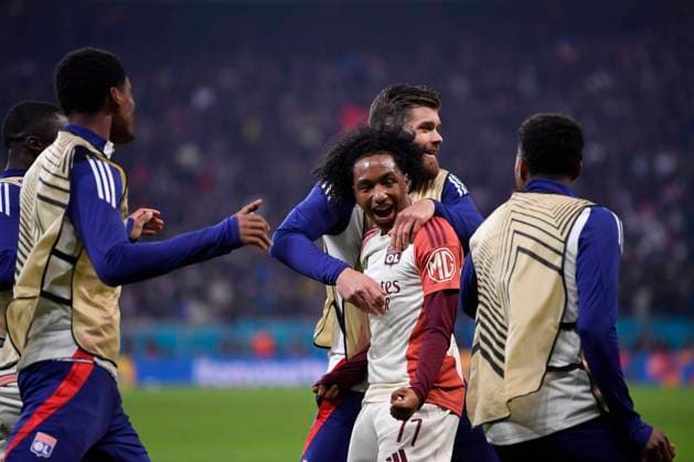 Europa League: FCSB and Olympique Lyonnais Malick Fofana of Olympique Lyonnais celebrates after scores his side third goal during the Round of 16 1st leg Europa League of the game between FCSB and Olympique Lyonnais, Arena Nationala, Bucharest, Thursday 06 March 2025. Alex Nicodim Imago Images Copyright: xAlexxNicodimx