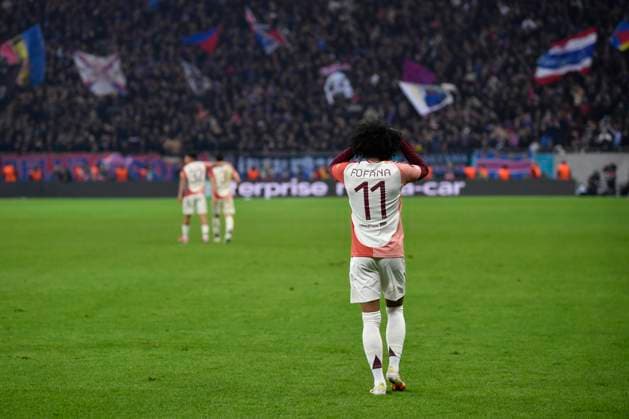 Europa League: FCSB and Olympique Lyonnais Malick Fofana of Olympique Lyonnais celebrates after scores his side second goal during the Round of 16 1st leg Europa League of the game between FCSB and Olympique Lyonnais, Arena Nationala, Bucharest, Thursday 06 March 2025. Alex Nicodim Imago Images Copyright: xAlexxNicodimx